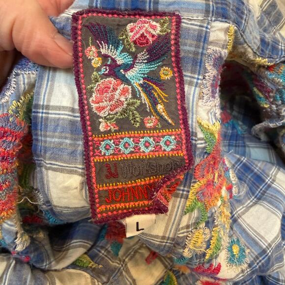Johnny Was Plaid Blue Floral Button Down Tunic Dress Boho EUC Large - Picture 6 of 7